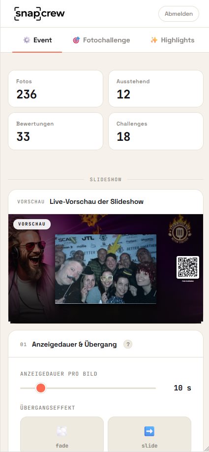 SnapCrew Admin-Dashboard mit Live-Slideshow-Vorschau